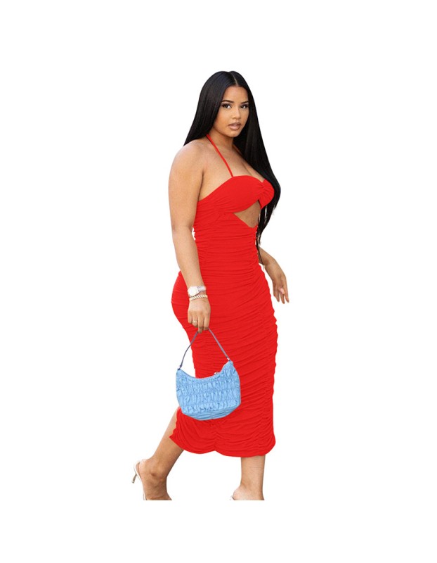 women tube top sexy straps folds halter hollow slit dress M30178