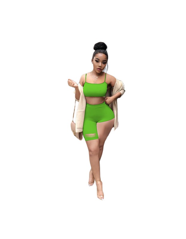 Sexy Tube Top Trendy Crop Top And Pants Solid Two Piece Set Short Set M050