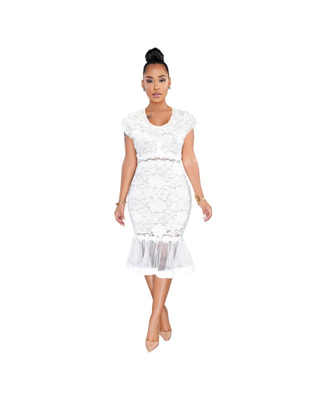 round neck lace mermaid  see-through  party midi dress M30173