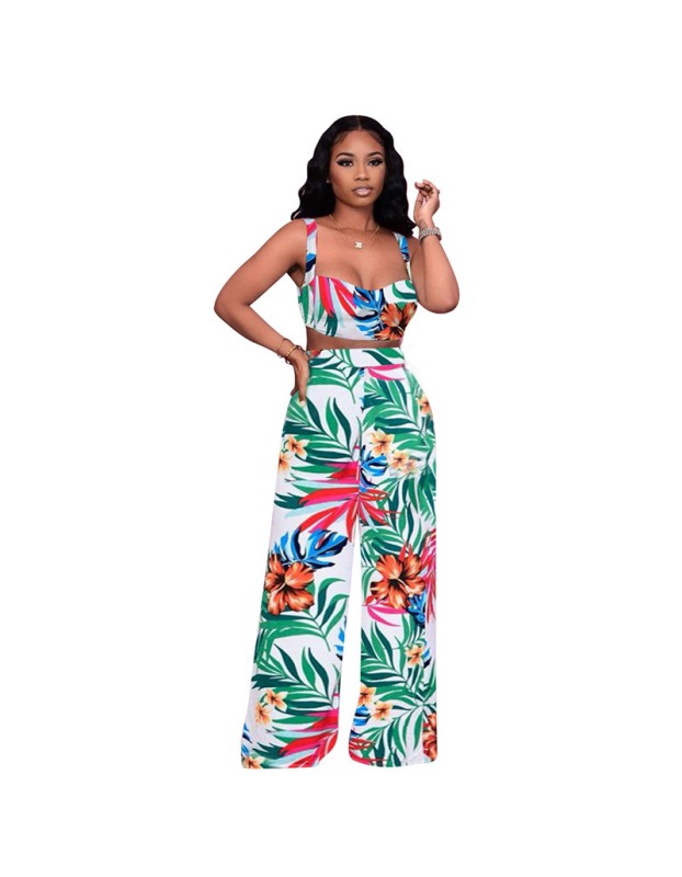 print floral women sexy tank top and Wide leg pants two piece outfits M30124