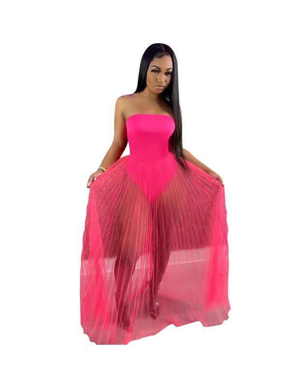 see-through with wrapped chest multicolor strapless summer net dress M30167