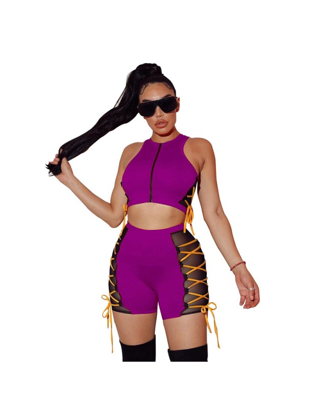 Sleeveless Tops Women Summer Mesh Two Piece Set M043