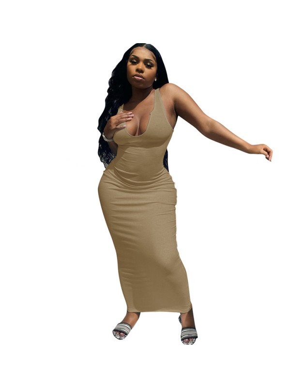 U neck causal woman dress fashionable sexy solid summer maxi dress M30120