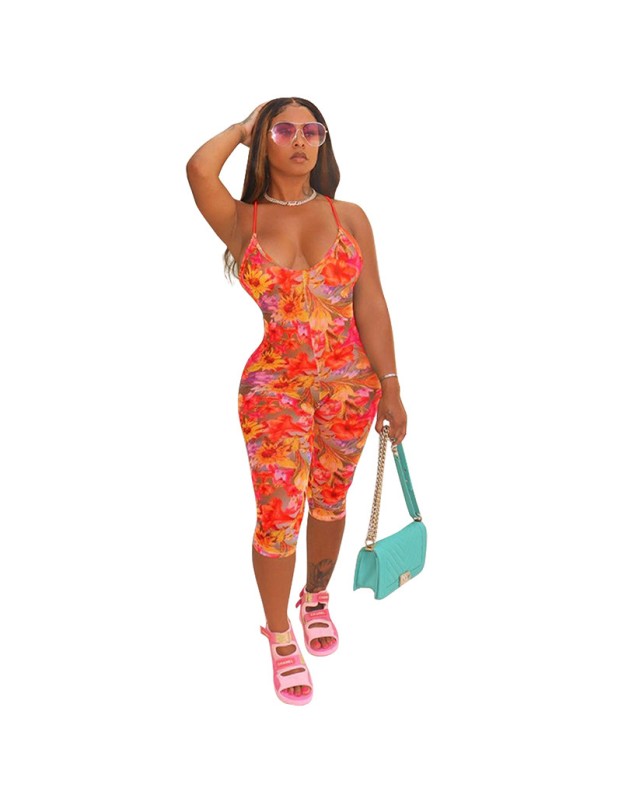 V-neck floral print halter sexy women romper jumpsuit M30123