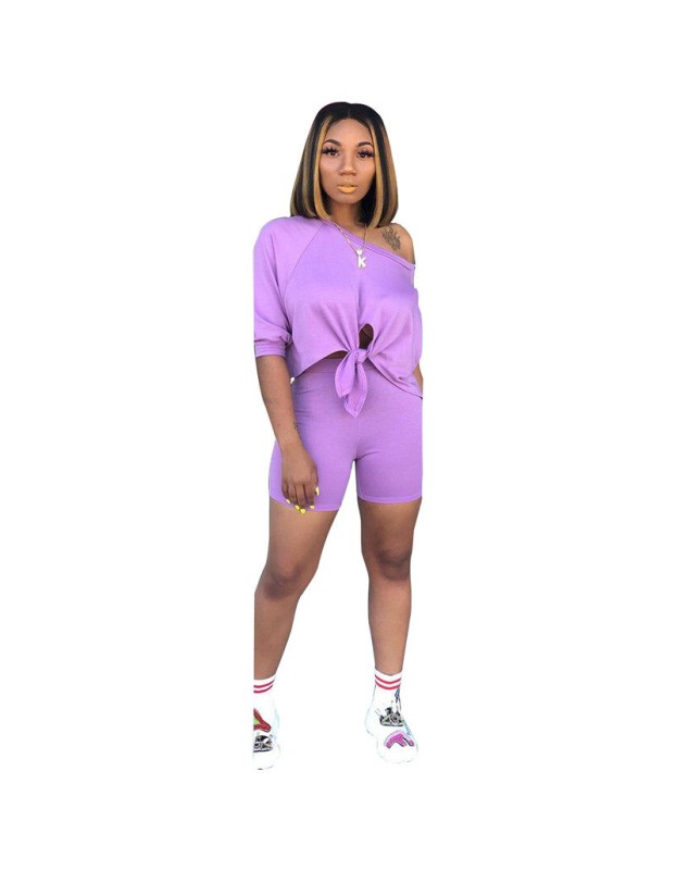 Solid Cotton T Shirts And Shorts Women Two Piece Set M9163