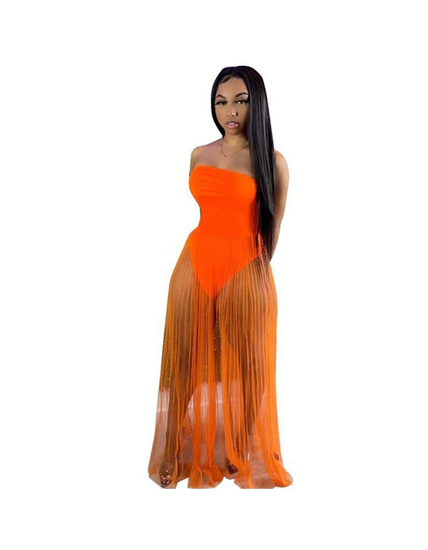 see-through with wrapped chest multicolor strapless summer net dress M30167