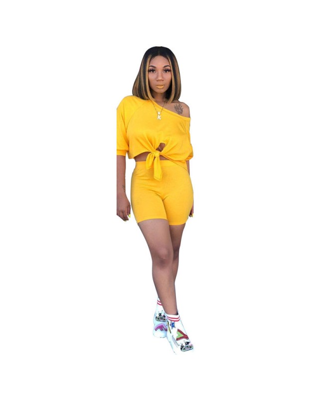 Solid Cotton T Shirts And Shorts Women Two Piece Set M9163
