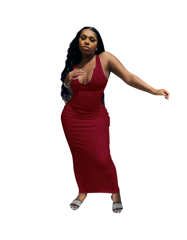 U neck causal woman dress fashionable sexy solid summer maxi dress M30120