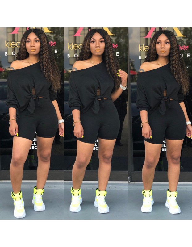 Solid Cotton T Shirts And Shorts Women Two Piece Set M9163