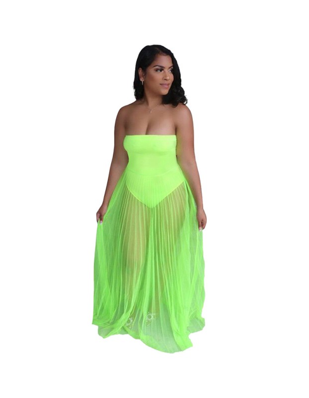 see-through with wrapped chest multicolor strapless summer net dress M30167