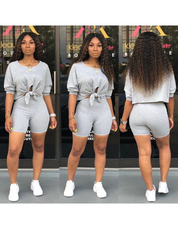 Solid Cotton T Shirts And Shorts Women Two Piece Set M9163