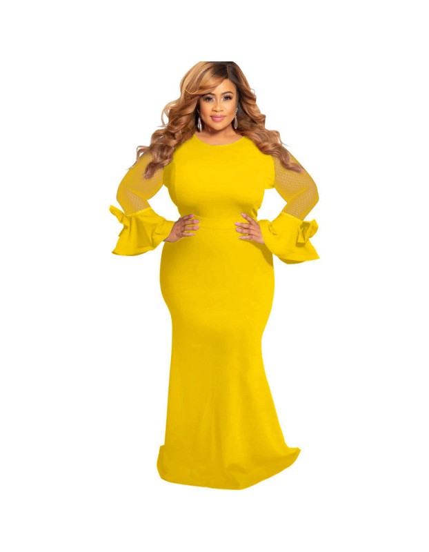 Plus Size Mesh Ruffle Sleeve Elegant Women Wedding Party Maxi Dress M3117