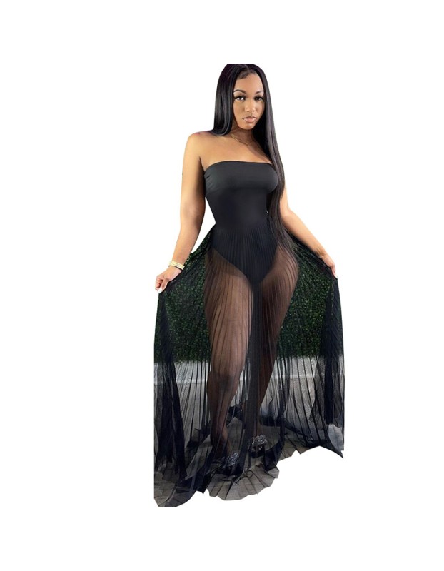 see-through with wrapped chest multicolor strapless summer net dress M30167