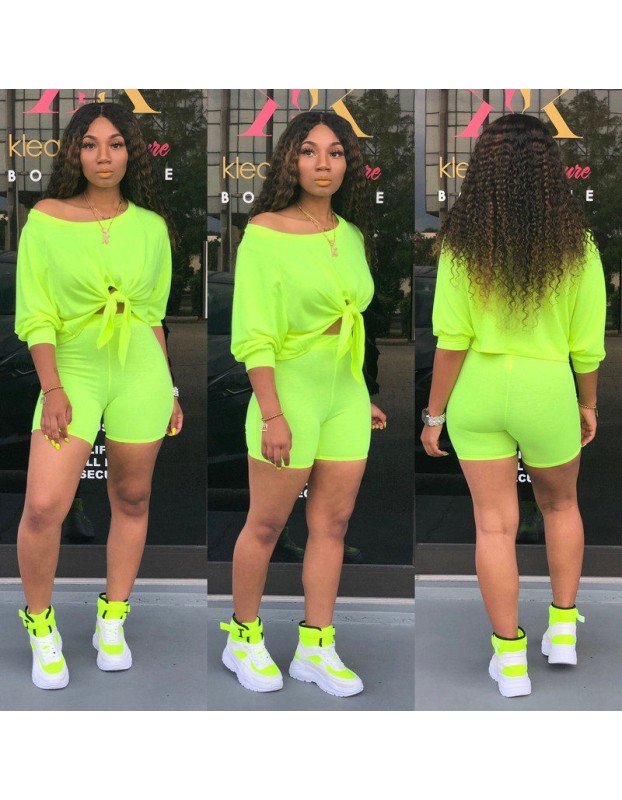 Solid Cotton T Shirts And Shorts Women Two Piece Set M9163