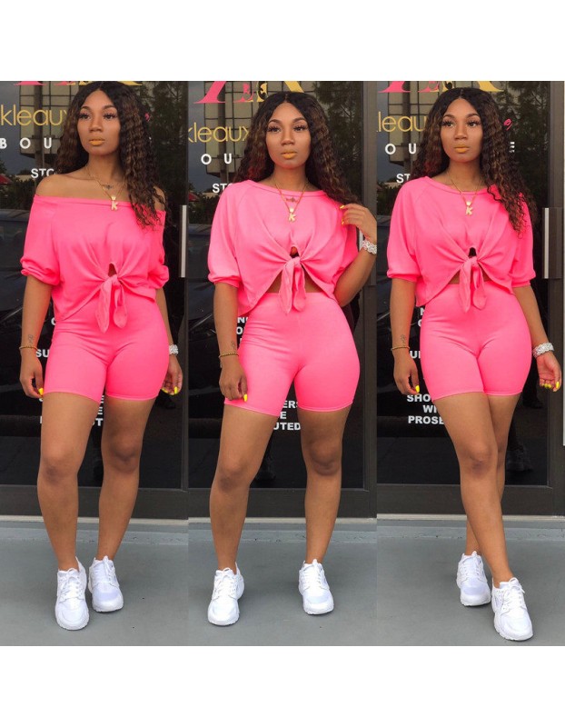Solid Cotton T Shirts And Shorts Women Two Piece Set M9163