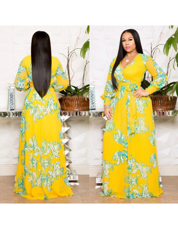 Full Sleeve Belted V-neck Floral Print Boho Chiffon Dress M8450