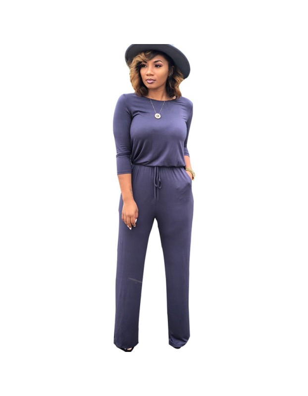 Women fashion soild color long sleeve loose causal jumpsuit m8303