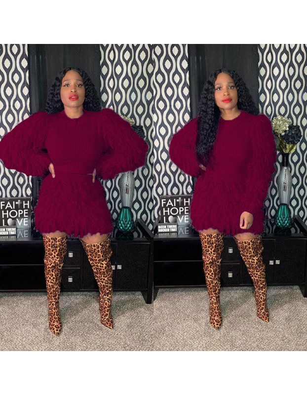 Winter Fashion Fluffy Tassel Warm Sweater 2 Piece Set M8526