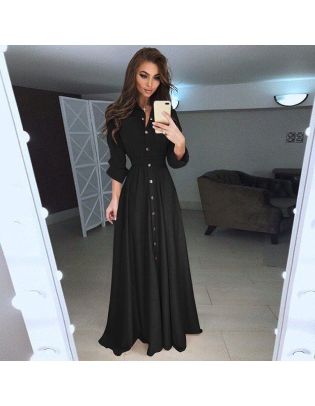 Summer Autumn Turn-Down Collar Button Long Sleeve Shirt Dress M8430