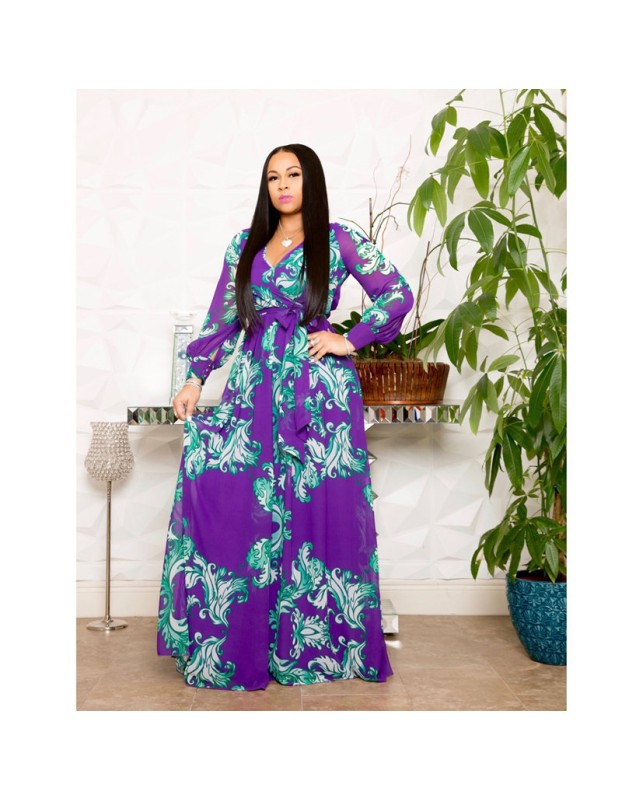 Full Sleeve Belted V-neck Floral Print Boho Chiffon Dress M8450