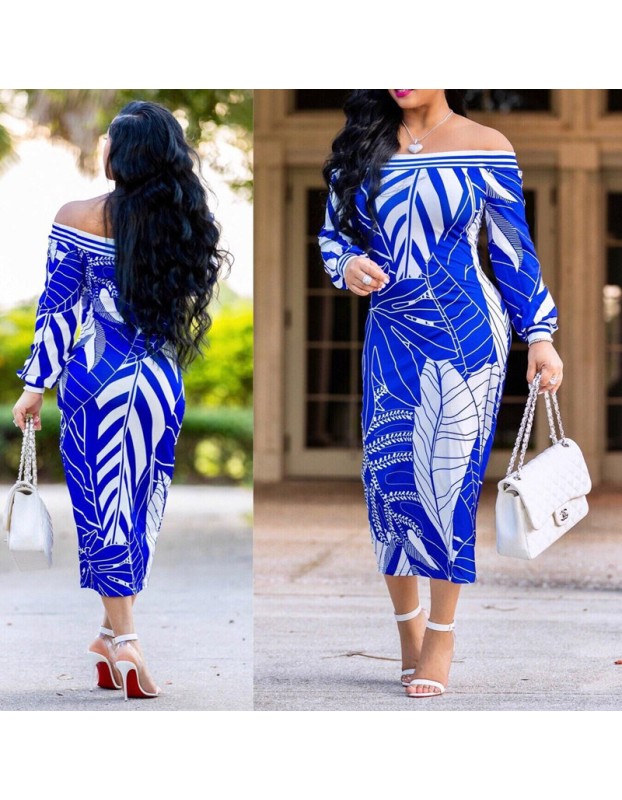 Women Long Sleeve Printed Bodycon Midi Dress m8241