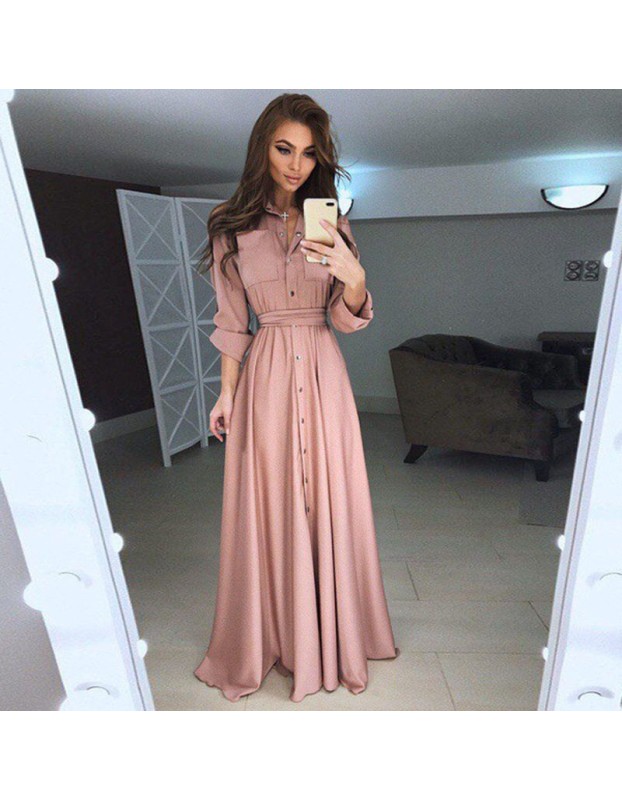 Summer Autumn Turn-Down Collar Button Long Sleeve Shirt Dress M8430