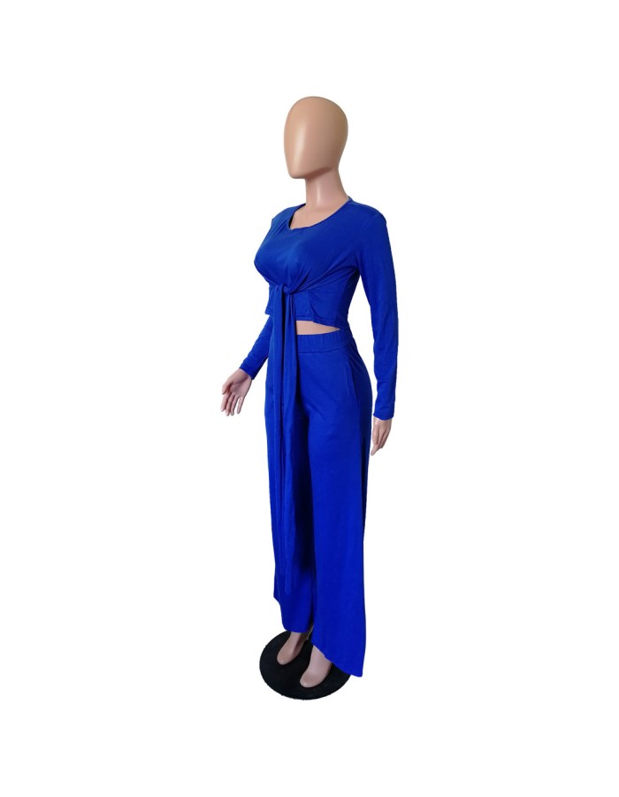 Long Sleeve Bandage Top + Wide Leg Long Pants Casual 2 Pieces Sets M8490