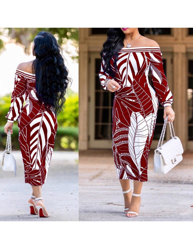 Women Long Sleeve Printed Bodycon Midi Dress m8241