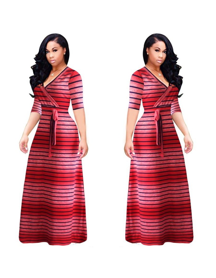Summer Stripe Printed Swing Maxi Dress Plus Size M8433