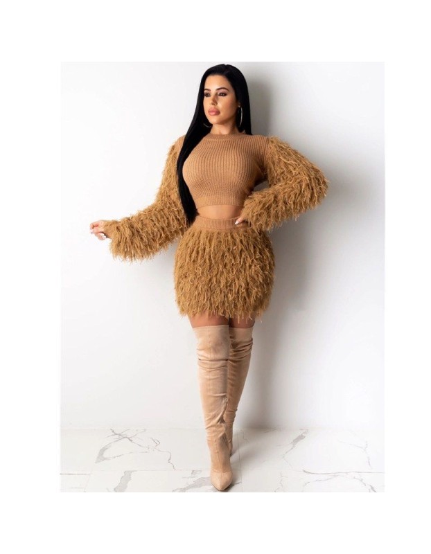 Winter Fashion Fluffy Tassel Warm Sweater 2 Piece Set M8526