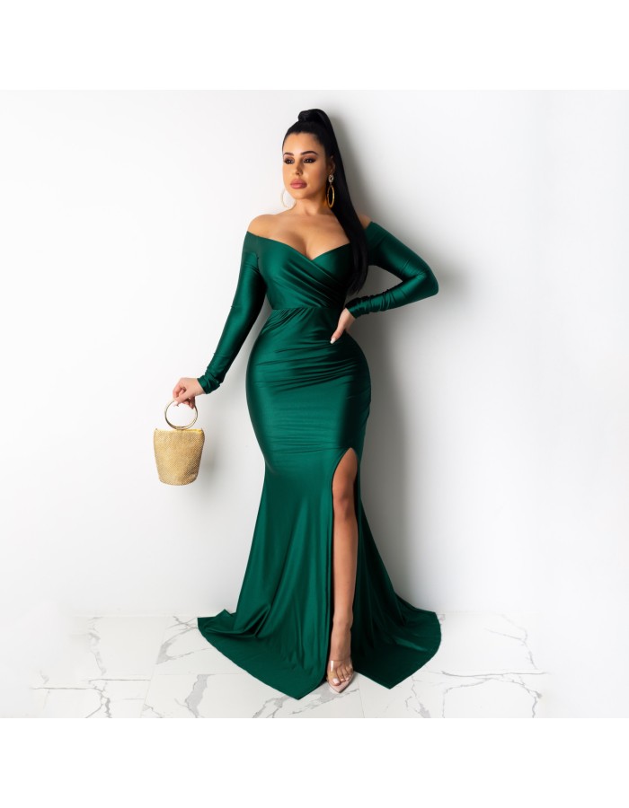 Women High Cut Evening Dress Off-shoulder Sexy Bodycon Dress M19002