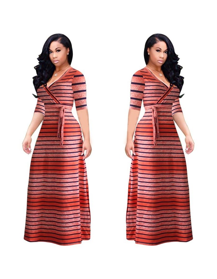 Summer Stripe Printed Swing Maxi Dress Plus Size M8433