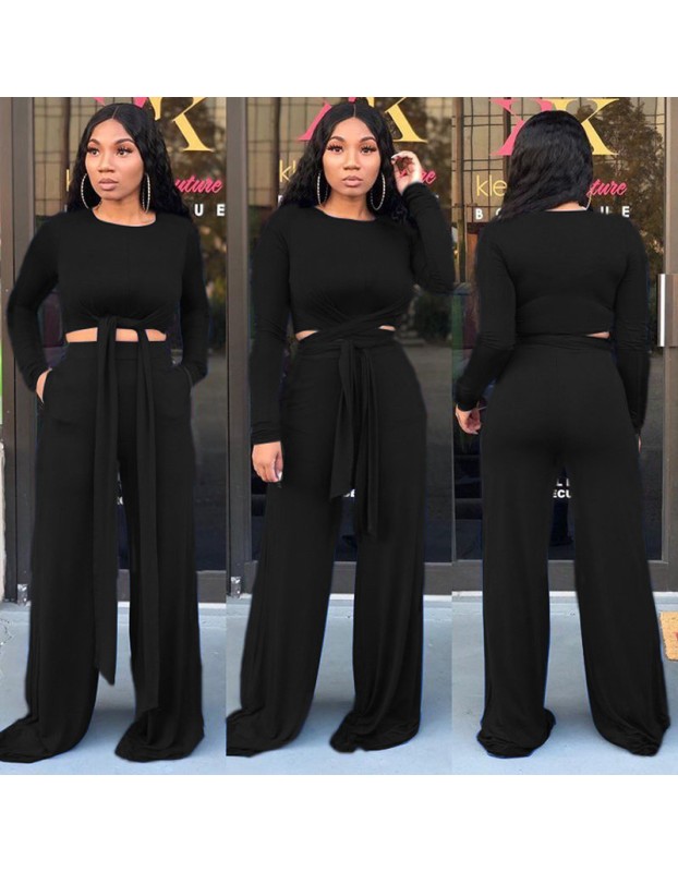 Long Sleeve Bandage Top + Wide Leg Long Pants Casual 2 Pieces Sets M8490