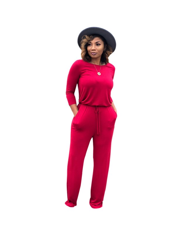 Women fashion soild color long sleeve loose causal jumpsuit m8303