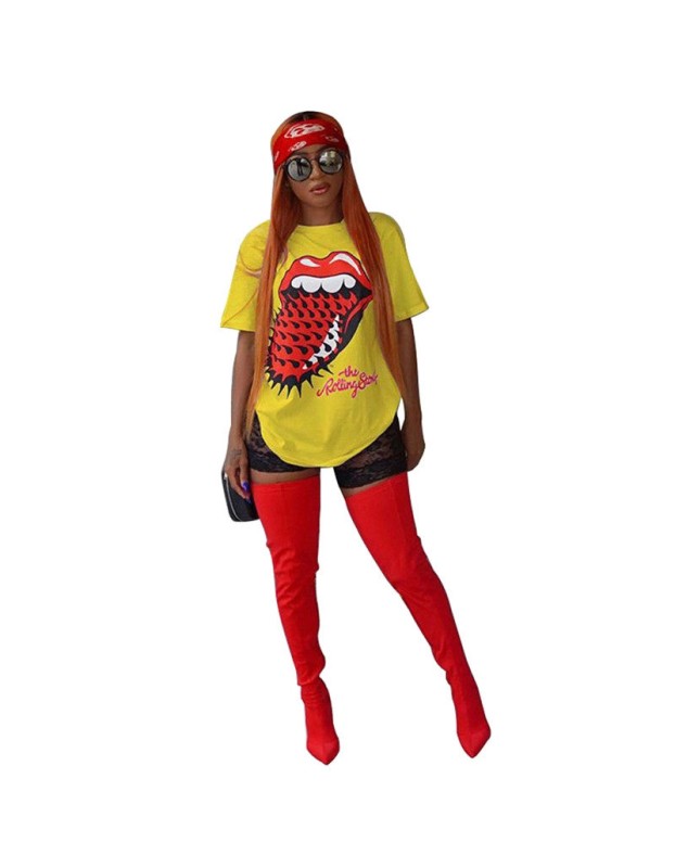 Fashion Women Big Mouth Printed Casual Wear T-shirts m8149