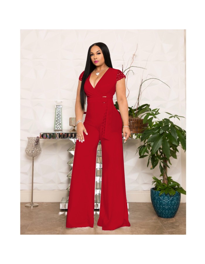 Deep V Neck Casual Solid Wide Leg Jumpsuit m8429