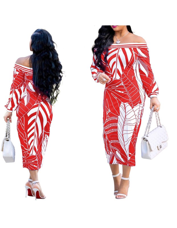 Women Long Sleeve Printed Bodycon Midi Dress m8241