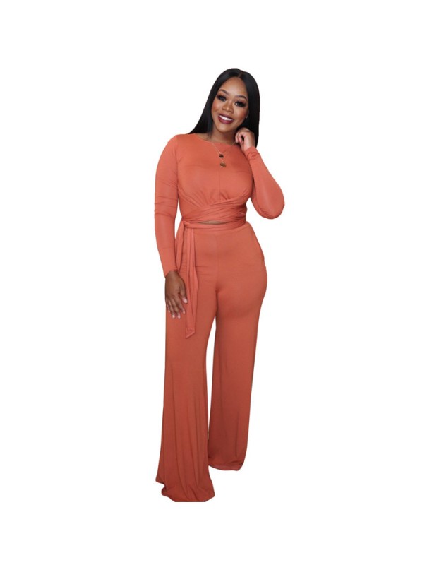 Long Sleeve Bandage Top + Wide Leg Long Pants Casual 2 Pieces Sets M8490