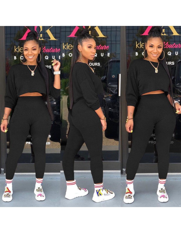 Autumn O-neck Two Pieces Set Long Sleeve Sweatshirt + Pant Suit M8473