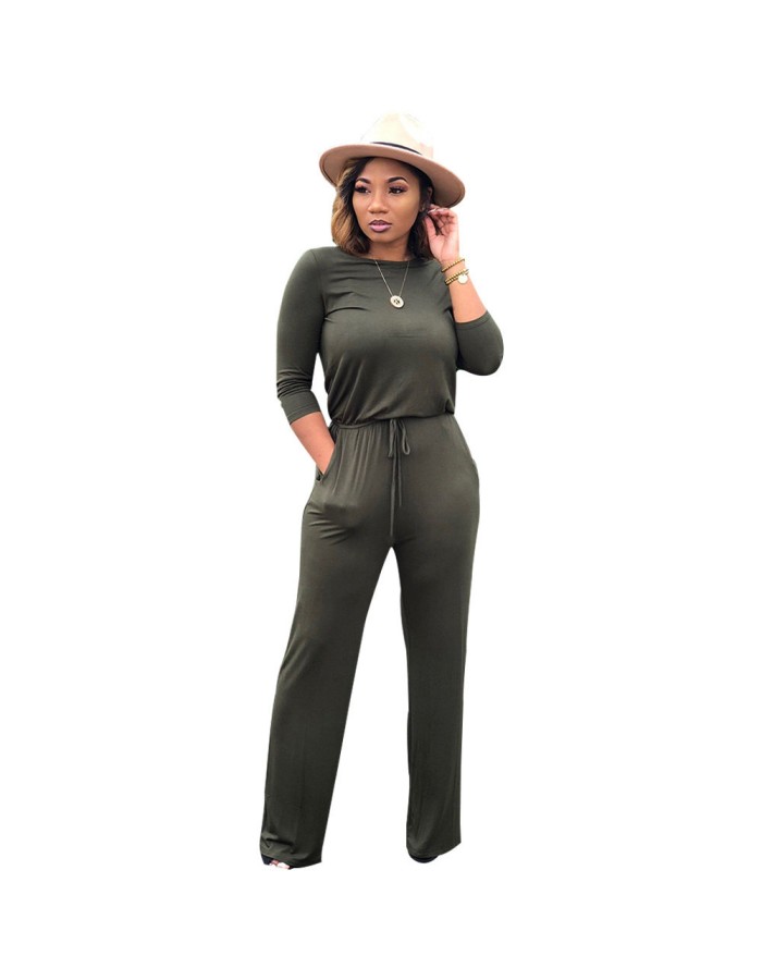 Women fashion soild color long sleeve loose causal jumpsuit m8303