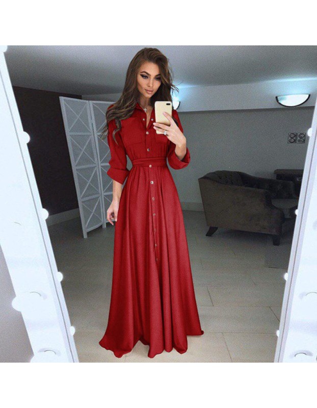 Summer Autumn Turn-Down Collar Button Long Sleeve Shirt Dress M8430
