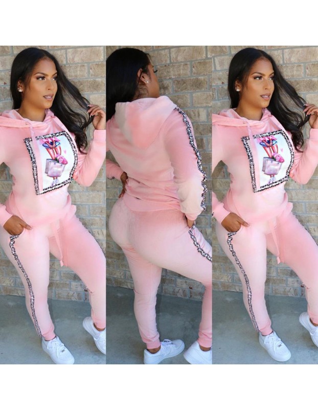 Women Autumn Long Sleeve Thick Velvet Hooded Two Piece Set M8482
