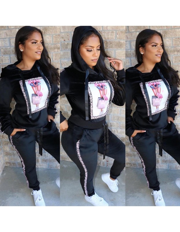 Women Autumn Long Sleeve Thick Velvet Hooded Two Piece Set M8482