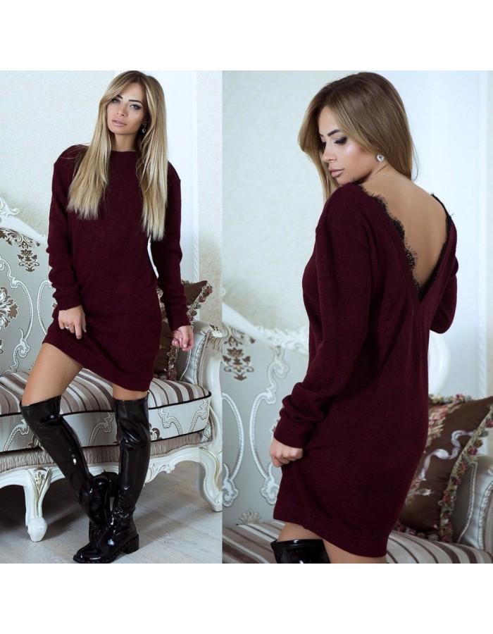 Women Long Sleeve Backless V Neck Lace Patchwork Sweater Dress M30413