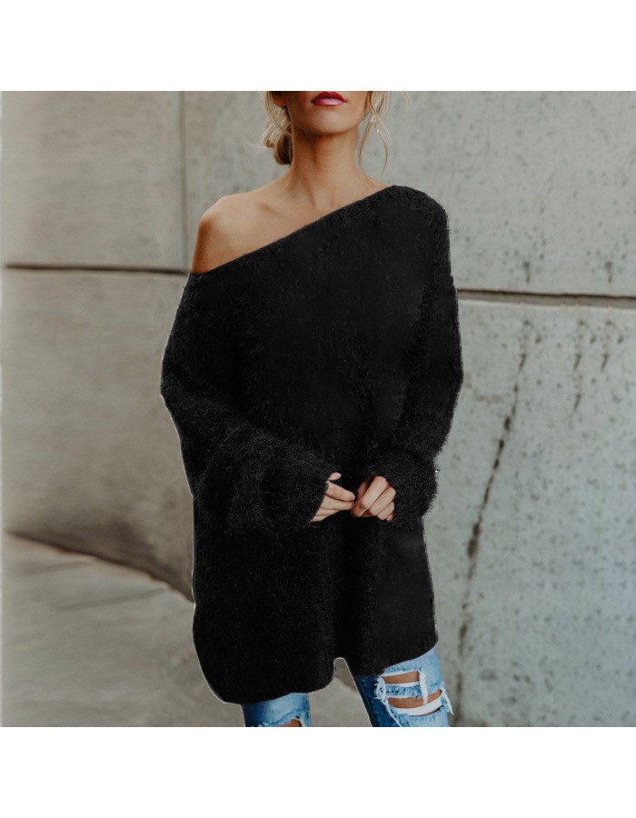 Women Sexy Off Shoulder Long Sleeves Plush Sweaters M30414