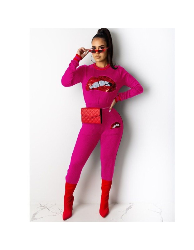 Fashion red lips 2 piece set women casual suit M8511