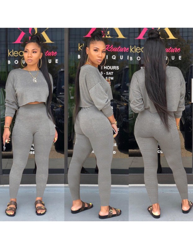 Autumn O-neck Two Pieces Set Long Sleeve Sweatshirt + Pant Suit M8473