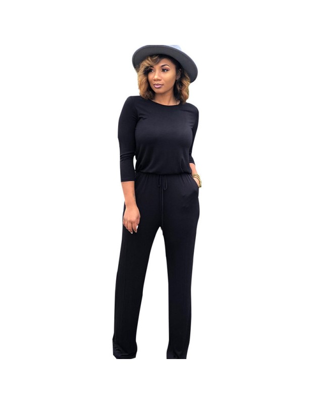 Women fashion soild color long sleeve loose causal jumpsuit m8303