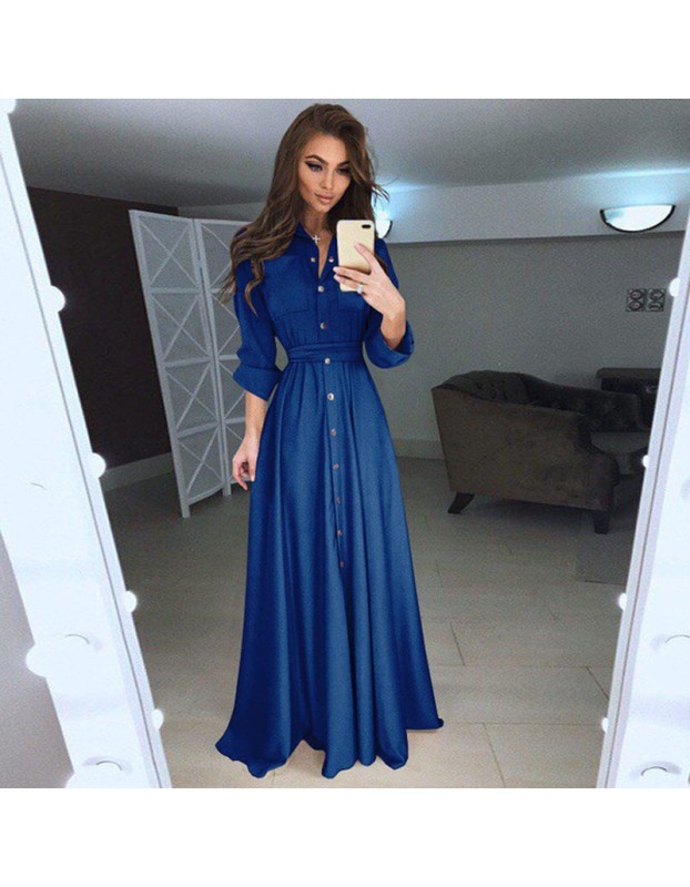 Summer Autumn Turn-Down Collar Button Long Sleeve Shirt Dress M8430