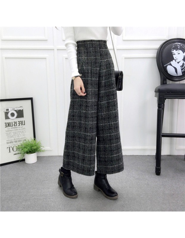 Autumn Winter Woolen Plaid Wide Leg Pants FG154